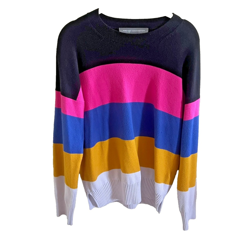 French Connection 5 Stripe Rainbow Knit Pullover Sweater Size M Preppy‎ Bright